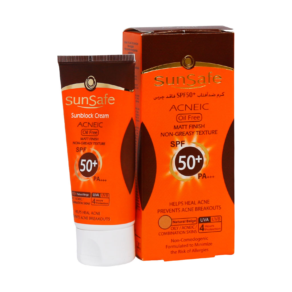 كرم ضد آفتاب +SPF 50 فاقد چربی بژ طبیعی سان سیف SUNSAFE SUNSBLOCK CREAM SPF50+ ACNEIC OIL FREE