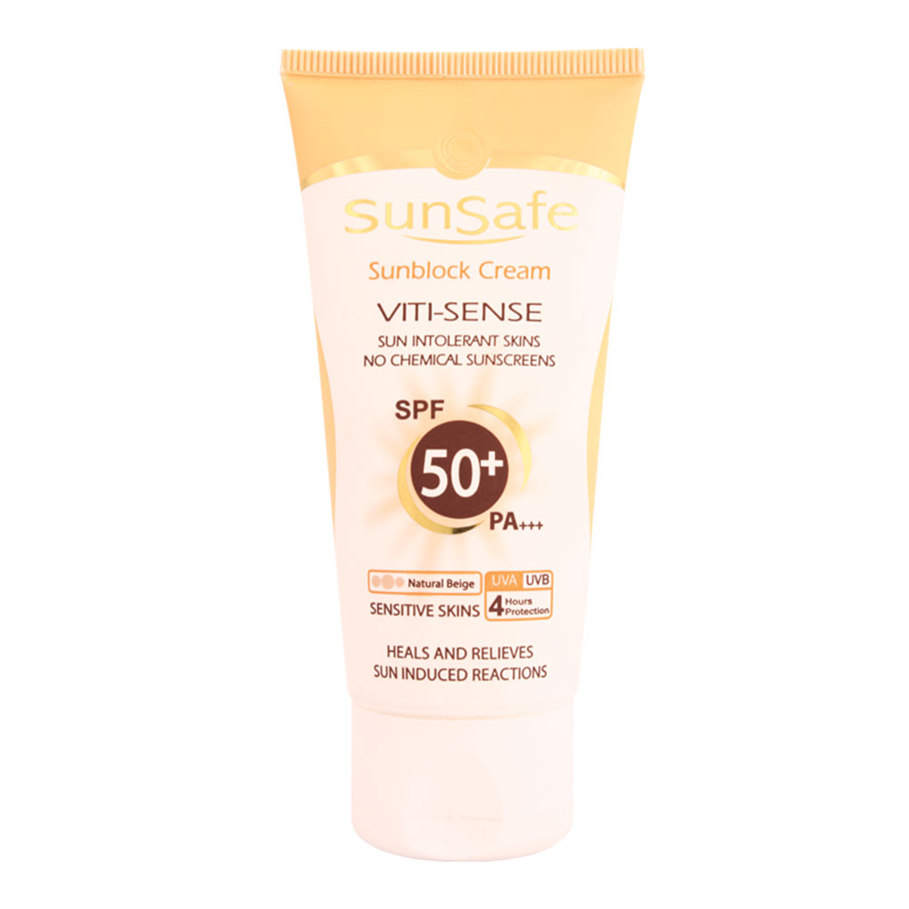 كرم ضد آفتاب +SPF 50 فیزیکال پوست حساس بژ طبیعی سان سیف SUNSAFE SUNSBLOCK SPF50+ VITI SENSE CREAM