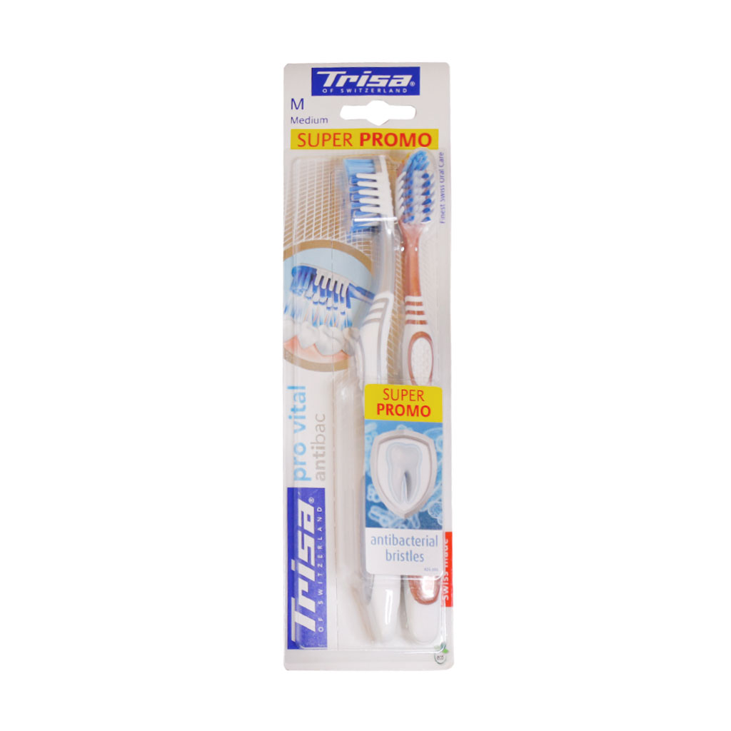 مسواک دوتایی سوپر پرومو مدل پروویتال آنتی باکتریال نرم تریزا TRISA PRO VITAL ANTIBAC MEDIUM TOOTHBRUSH