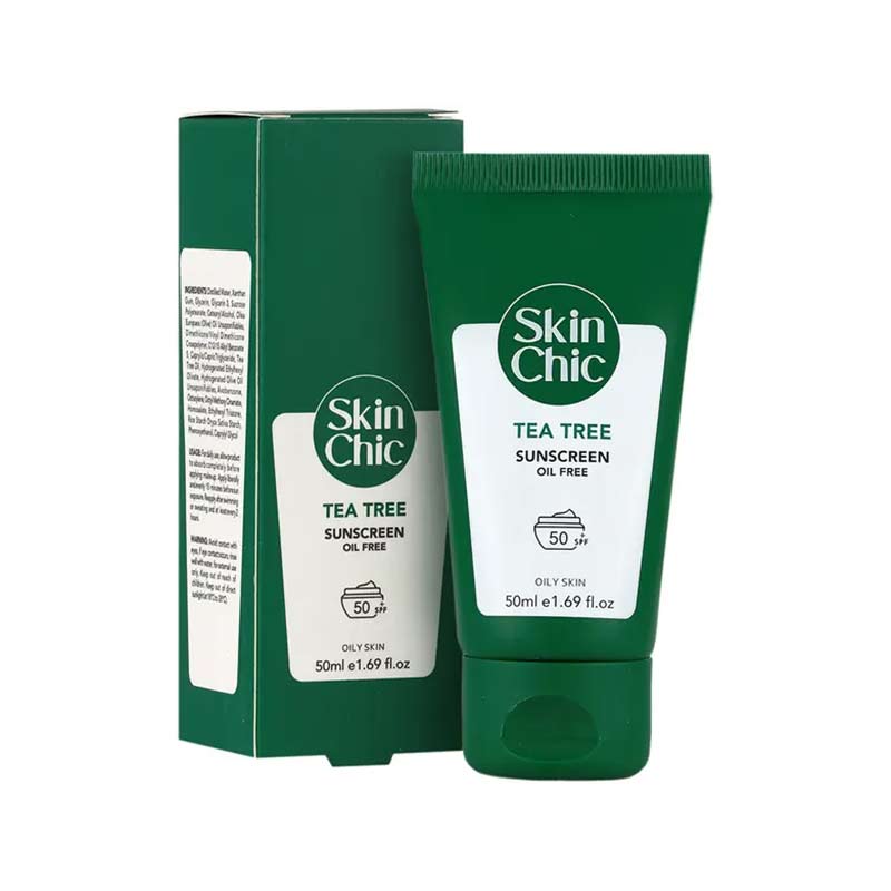 کرم ضد آفتاب حاوی عصاره درخت چای دارای spf50 اسکین شیک  SKIN CHIC TEA TREE SUNSCREEN SPF 50 CREAM