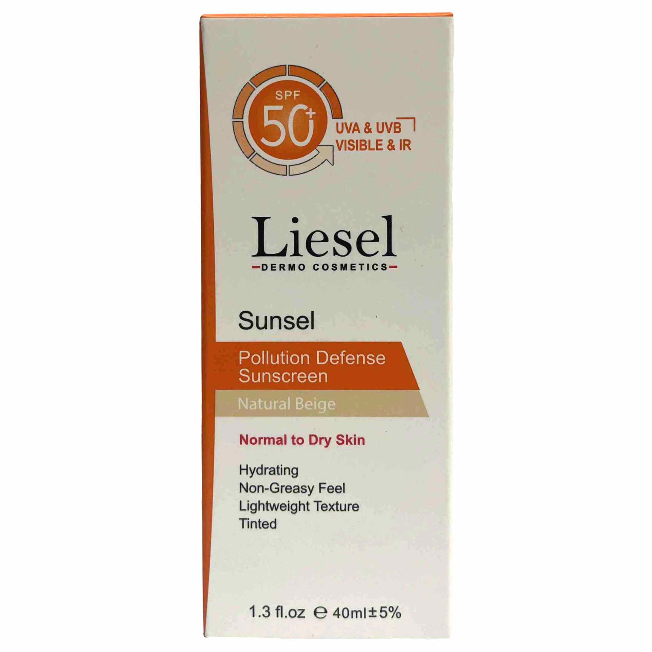 کرم ضد آفتاب رنگی بژ طبیعی مناسب پوست خشک لایسل | Liesel Sinsel Pollution Defense Sunscreen SPF +50 Natural Beige Normal to Dry Skin