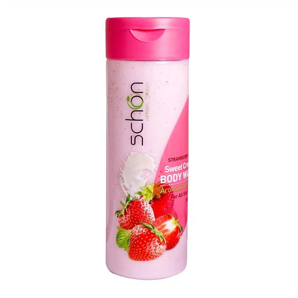 شامپو بدن کرمی شیر توت فرنگی حاوی اسکراب گردو شون | Schon Strawberry & Milk Creamy Body Wash